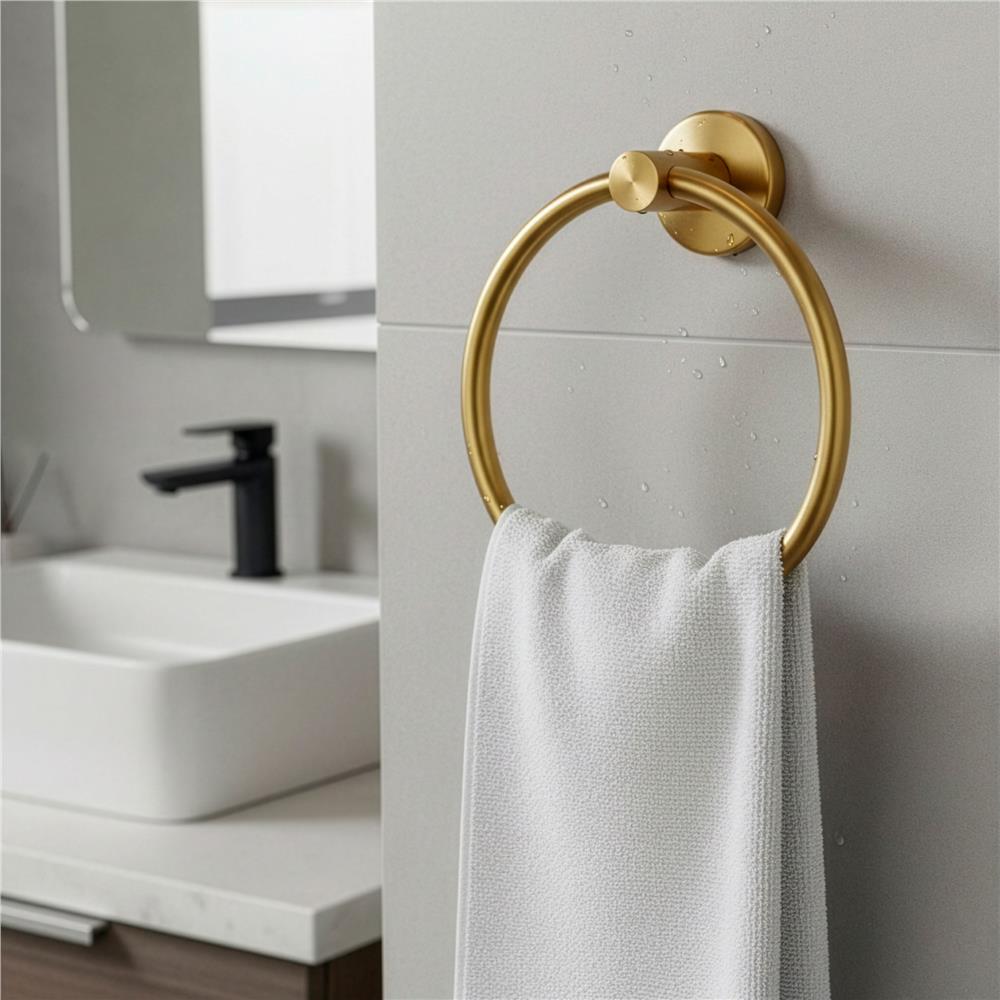 Suport metalic tip inel pentru prosop, inox cu finisaj lucios, diametru 17 cm, accesorii montaj incluse, auriu