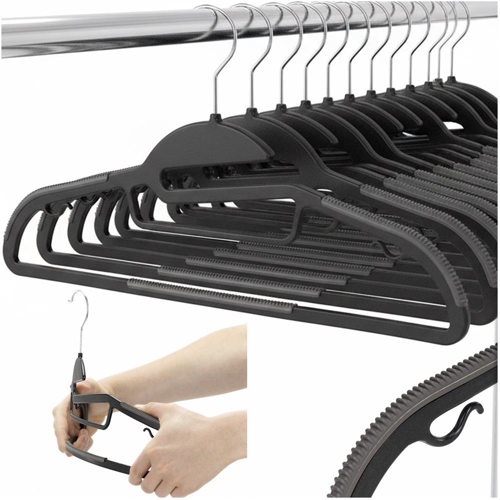 Set de 20 de umerase antiderapante pentru haine, din PE, cu carlig metalic rotativ, 41 cm, negru si gri