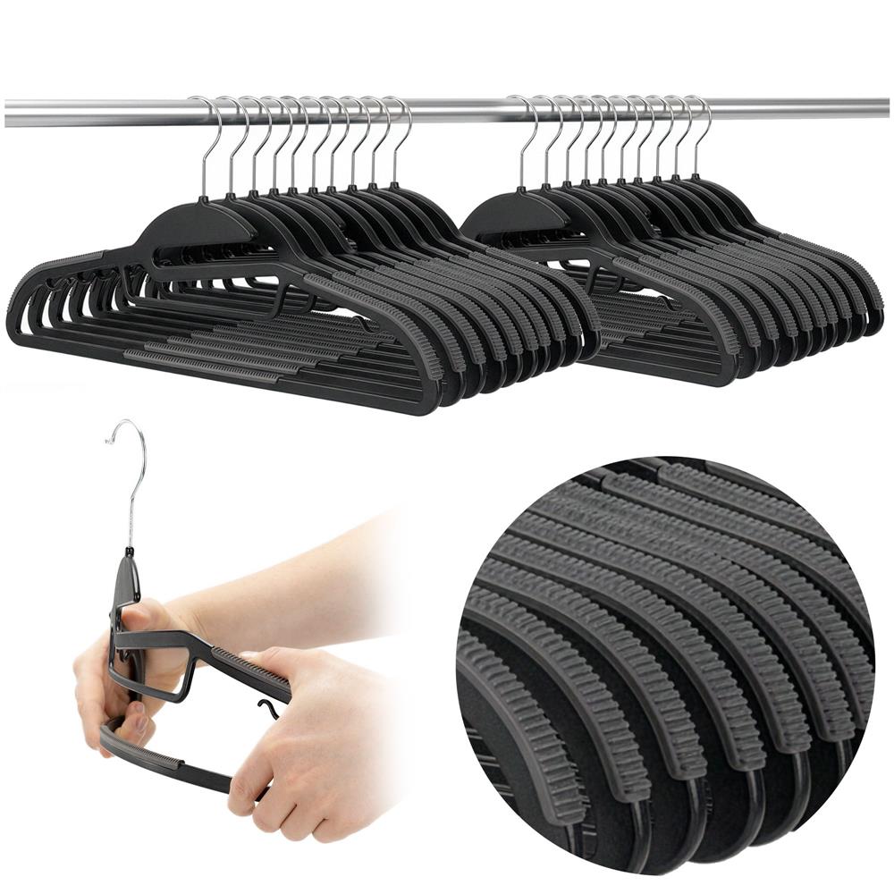 Set de 20 de umerase antiderapante pentru haine, din PE, cu carlig metalic rotativ, 41 cm, negru si gri