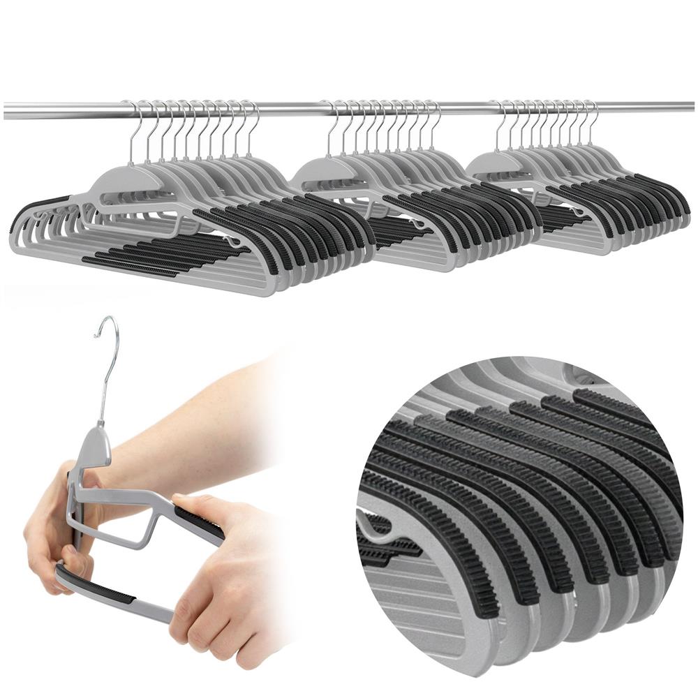 Set de 30 de umerase antiderapante pentru haine, din PE, cu carlig metalic rotativ, 41 cm, gri si negru