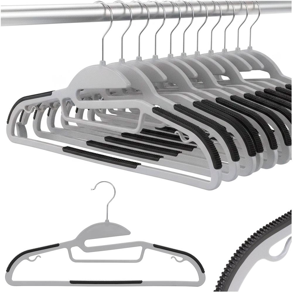 Set de 30 de umerase antiderapante pentru haine, din PE, cu carlig metalic rotativ, 41 cm, gri si negru