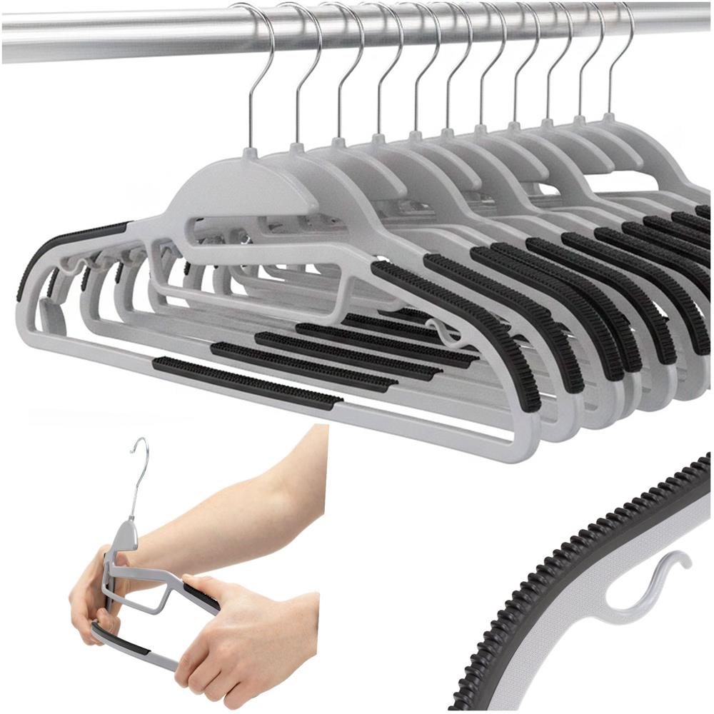 Set de 20 de umerase antiderapante pentru haine, din PE, cu carlig metalic rotativ, 41 cm, gri si negru