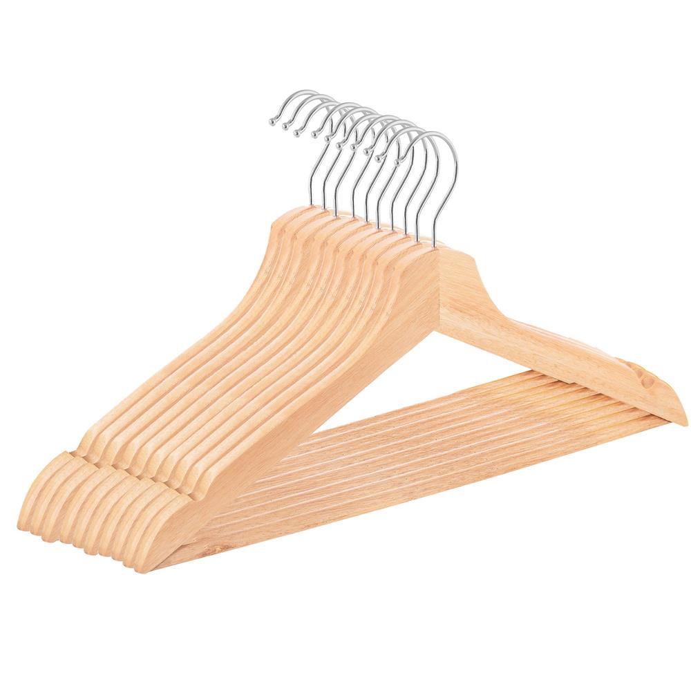 Set de 10 umerase din lemn cu carlig cromat rotativ, forma ergonomica, 43x21 cm, maro natur