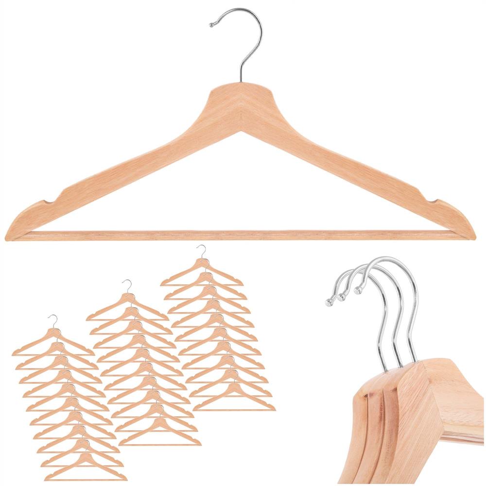 Set de 30 umerase din lemn cu carlig cromat rotativ, forma ergonomica, 43x21 cm, maro natur