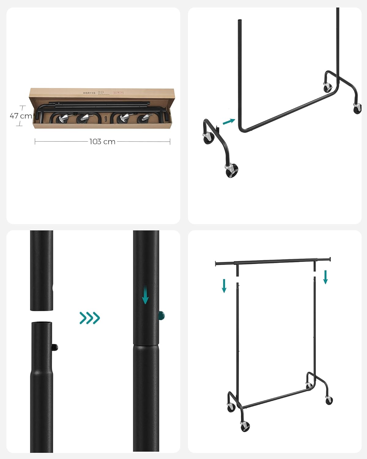 SONGMICS Suport pentru haine extensibil pe roti, bara reglabila 110-150 cm, stil industrial, 150x45x160 cm, negru