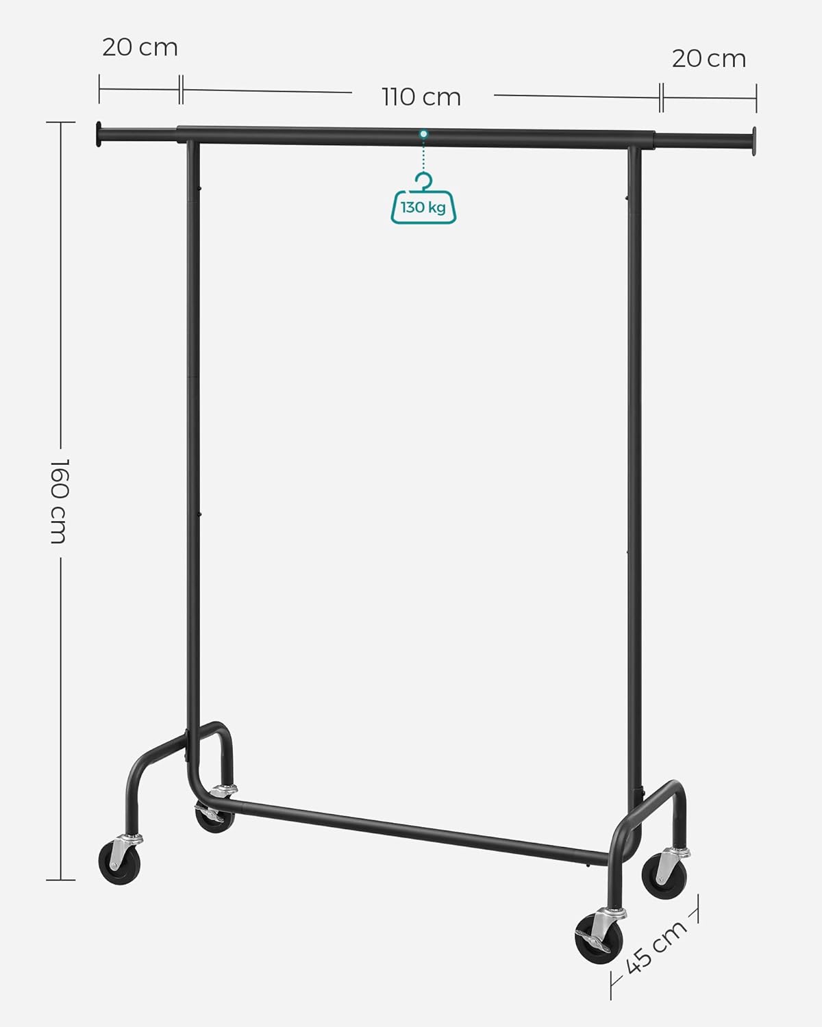SONGMICS Suport pentru haine extensibil pe roti, bara reglabila 110-150 cm, stil industrial, 150x45x160 cm, negru