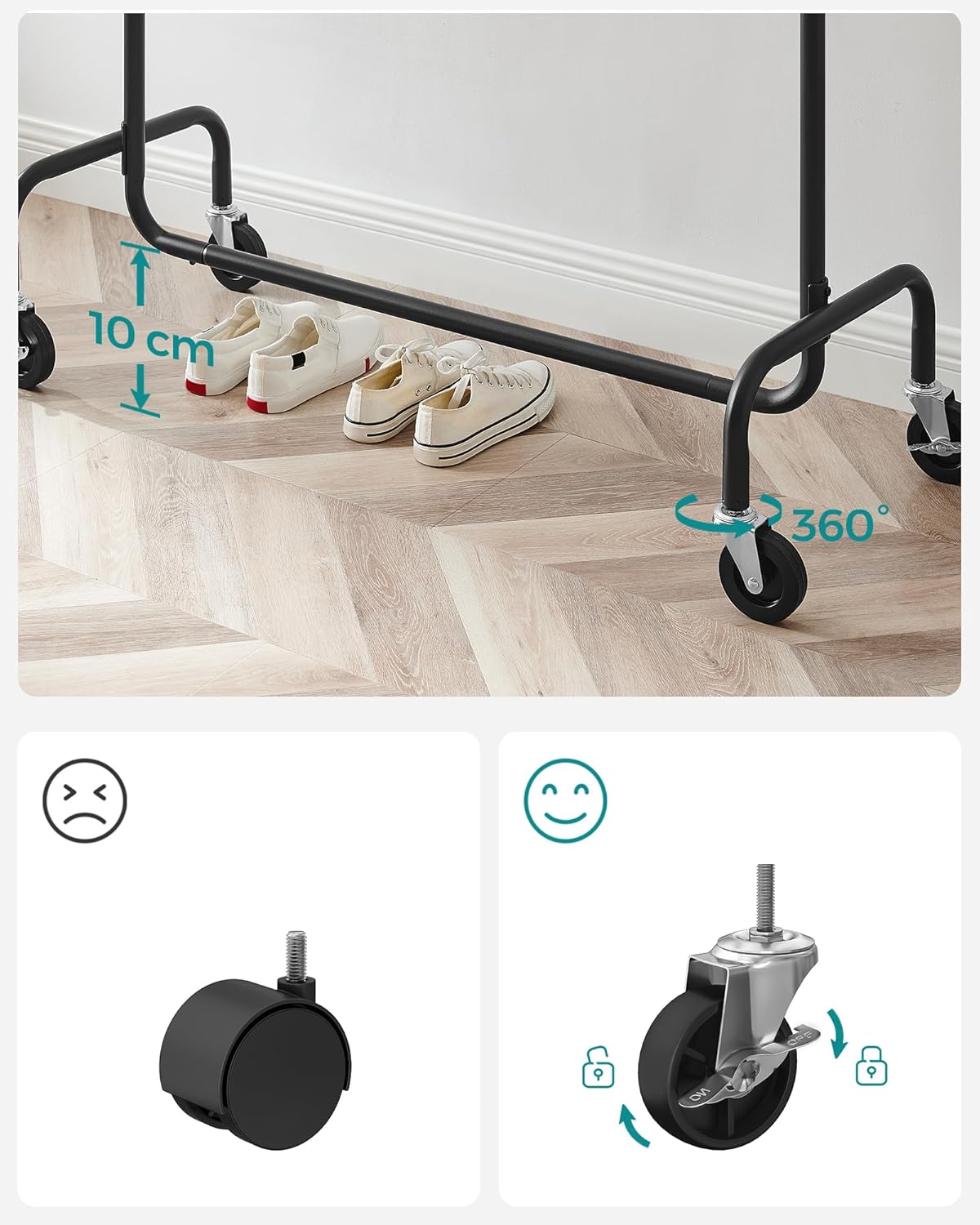 SONGMICS Suport pentru haine extensibil pe roti, bara reglabila 110-150 cm, stil industrial, 150x45x160 cm, negru