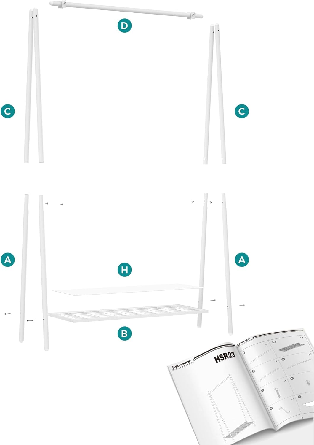 SONGMICS Suport haine cu bara si raft inferior, cadru metalic, 93x34x153 cm, alb