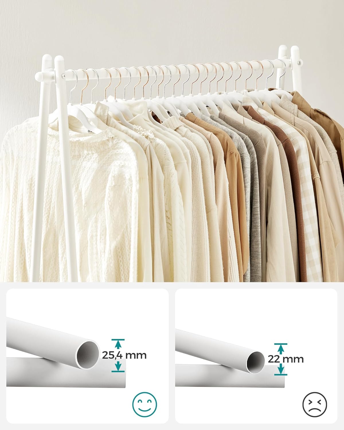 SONGMICS Suport haine cu bara si raft inferior, cadru metalic, 93x34x153 cm, alb