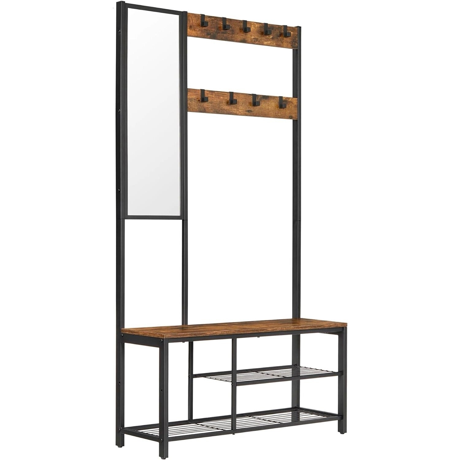 VASAGLE Cuier pentru hol cu oglinda si 9 carlige detasabile, structura metalica, stil industrial, 98x36x185 cm, maro rustic