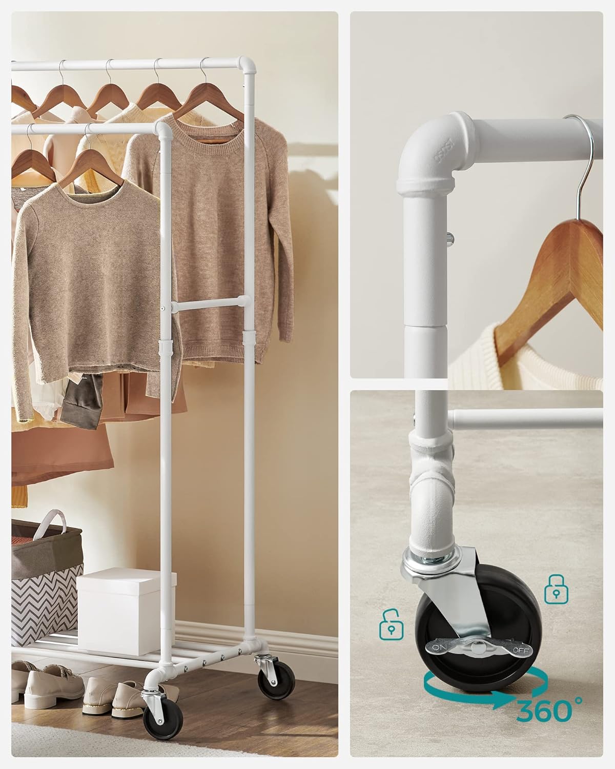 SONGMICS Suport haine cu 2 bare si raft, cu roti, cadru metalic, design industrial, 100x59x162 cm, alb