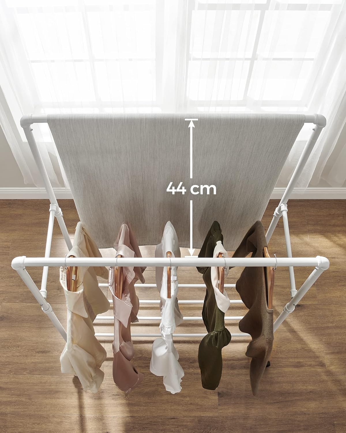 SONGMICS Suport haine cu 2 bare si raft, cu roti, cadru metalic, design industrial, 100x59x162 cm, alb