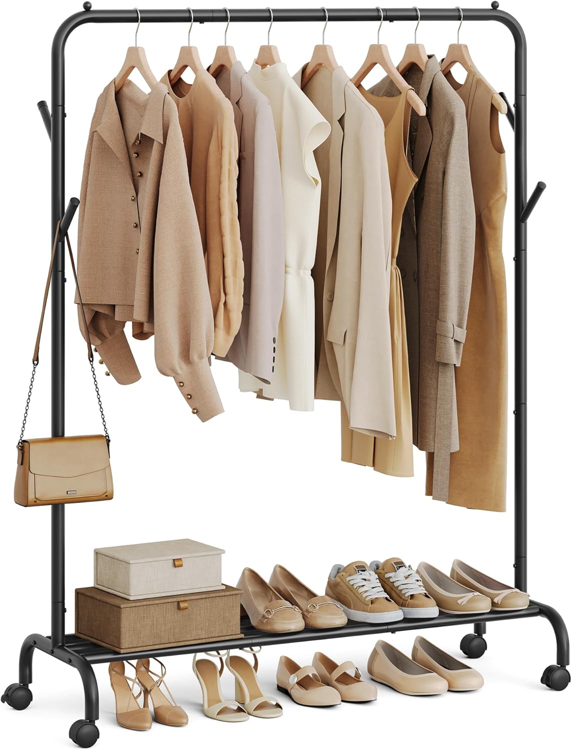 SONGMICS Suport haine metalic cu roti si raft inferior, stil industrial, 103x41x155 cm, negru