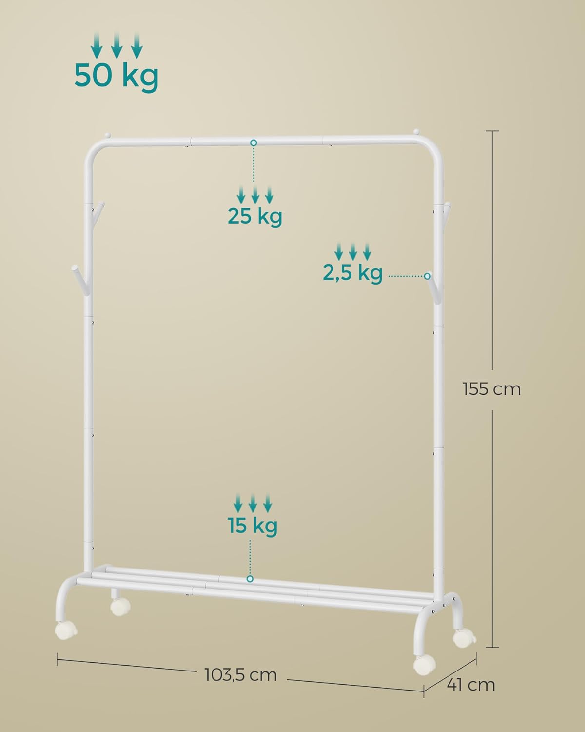 SONGMICS Suport haine metalic cu roti si raft inferior, stil industrial, 103x41x155 cm, alb