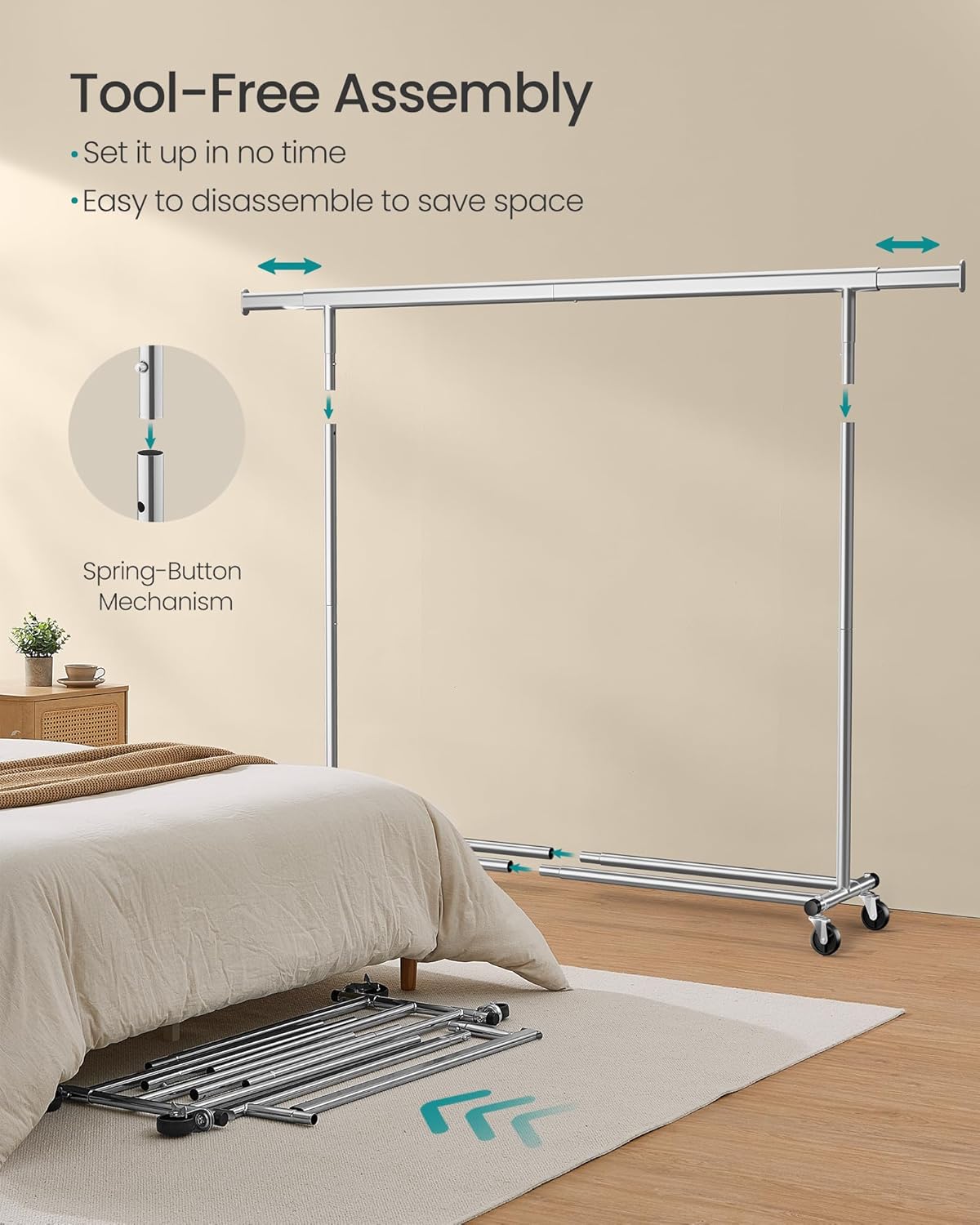 SONGMICS Suport haine cu roti, extensibil 160–200 cm, sarcina heavy duty otel 150 kg, roti blocabile, argintiu