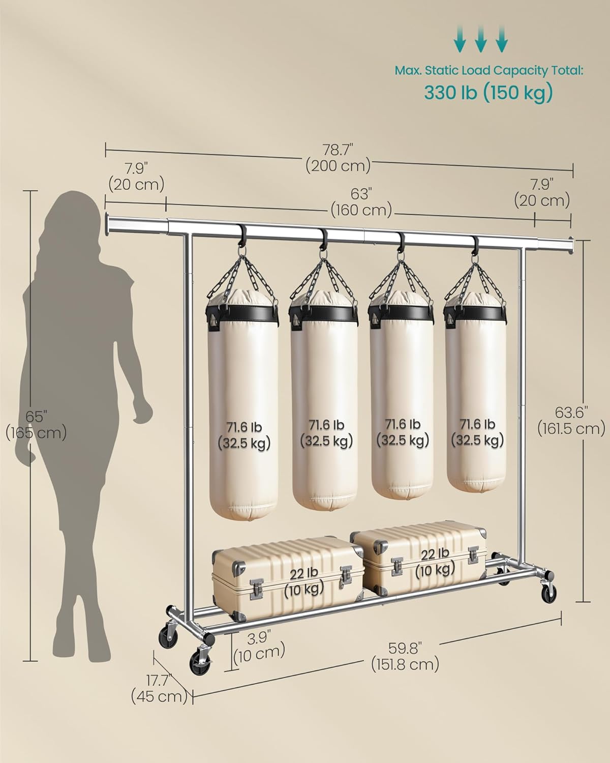 SONGMICS Suport haine cu roti, extensibil 160–200 cm, sarcina heavy duty otel 150 kg, roti blocabile, argintiu