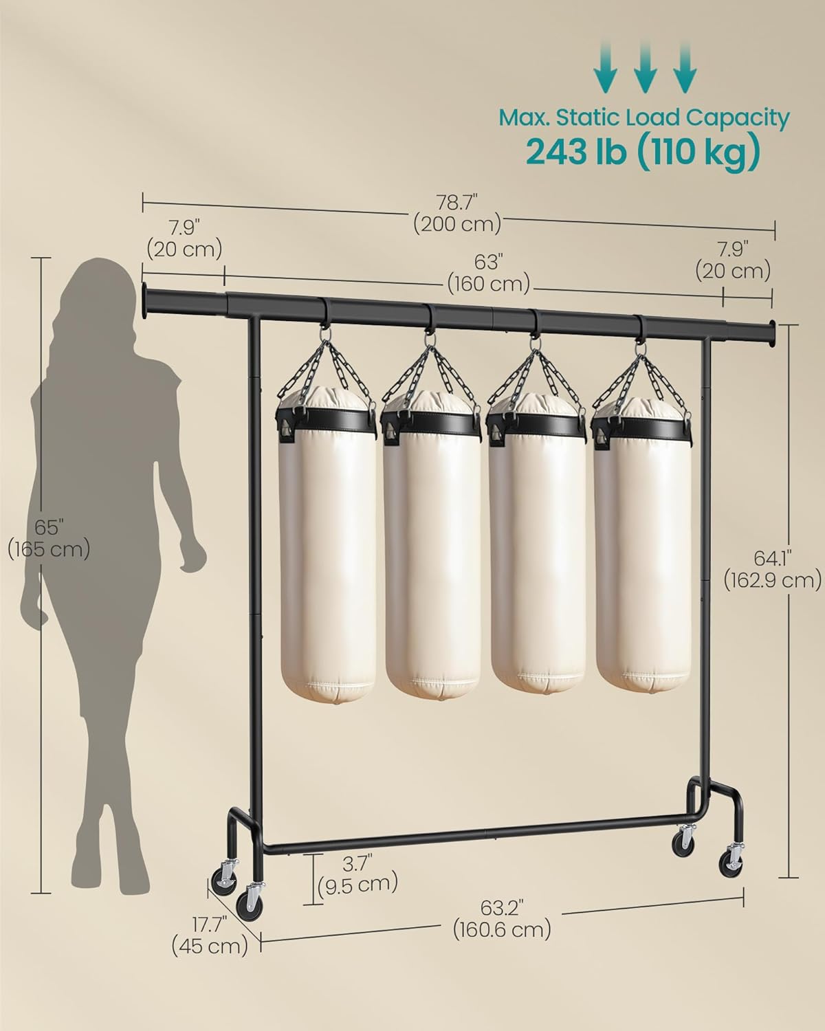 SONGMICS Suport haine cu roti, bara extensibila pentru umerase, structura metalica sarcina mare, 45x160-200x163 cm, negru