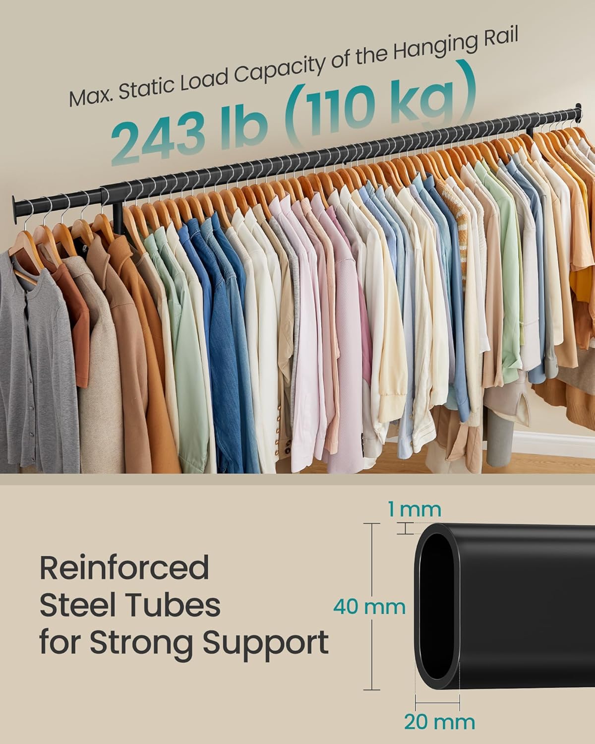 SONGMICS Suport haine cu roti, bara extensibila pentru umerase, structura metalica sarcina mare, 45x160-200x163 cm, negru