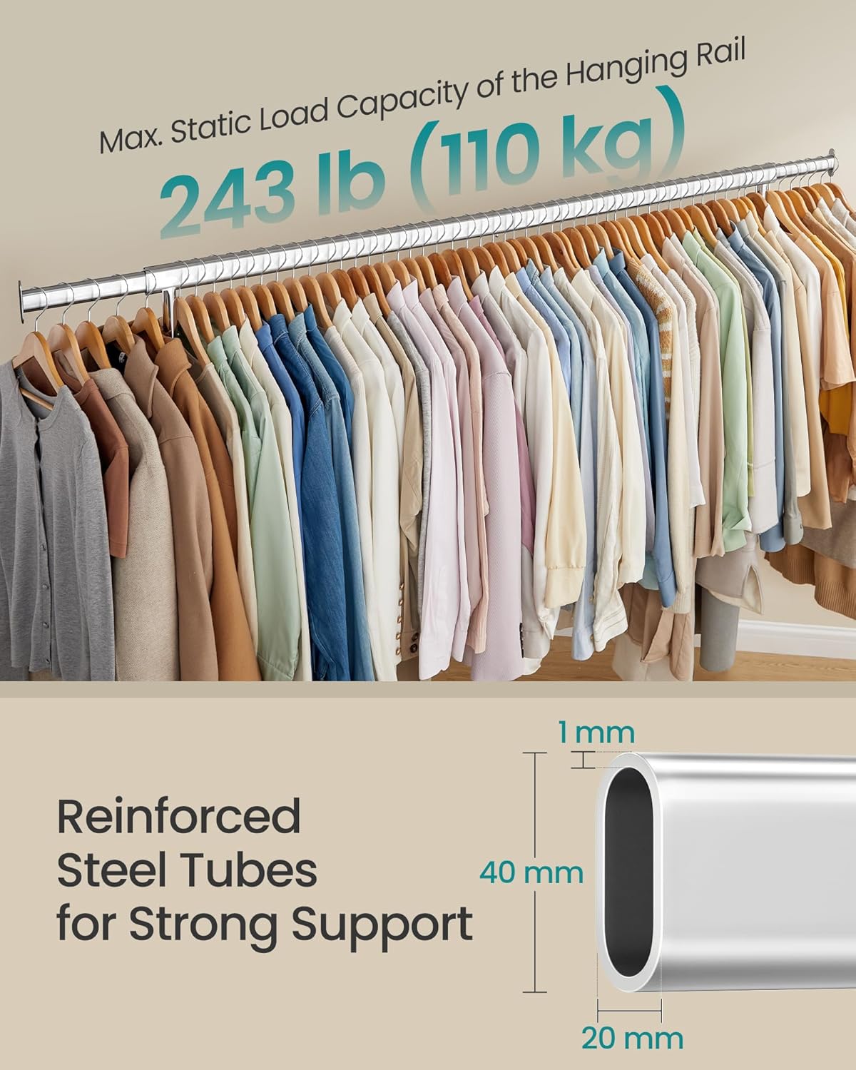 SONGMICS Suport haine cu roti, bara extensibila pentru umerase, structura metalica sarcina mare, 45x160-200x163 cm, argintiu