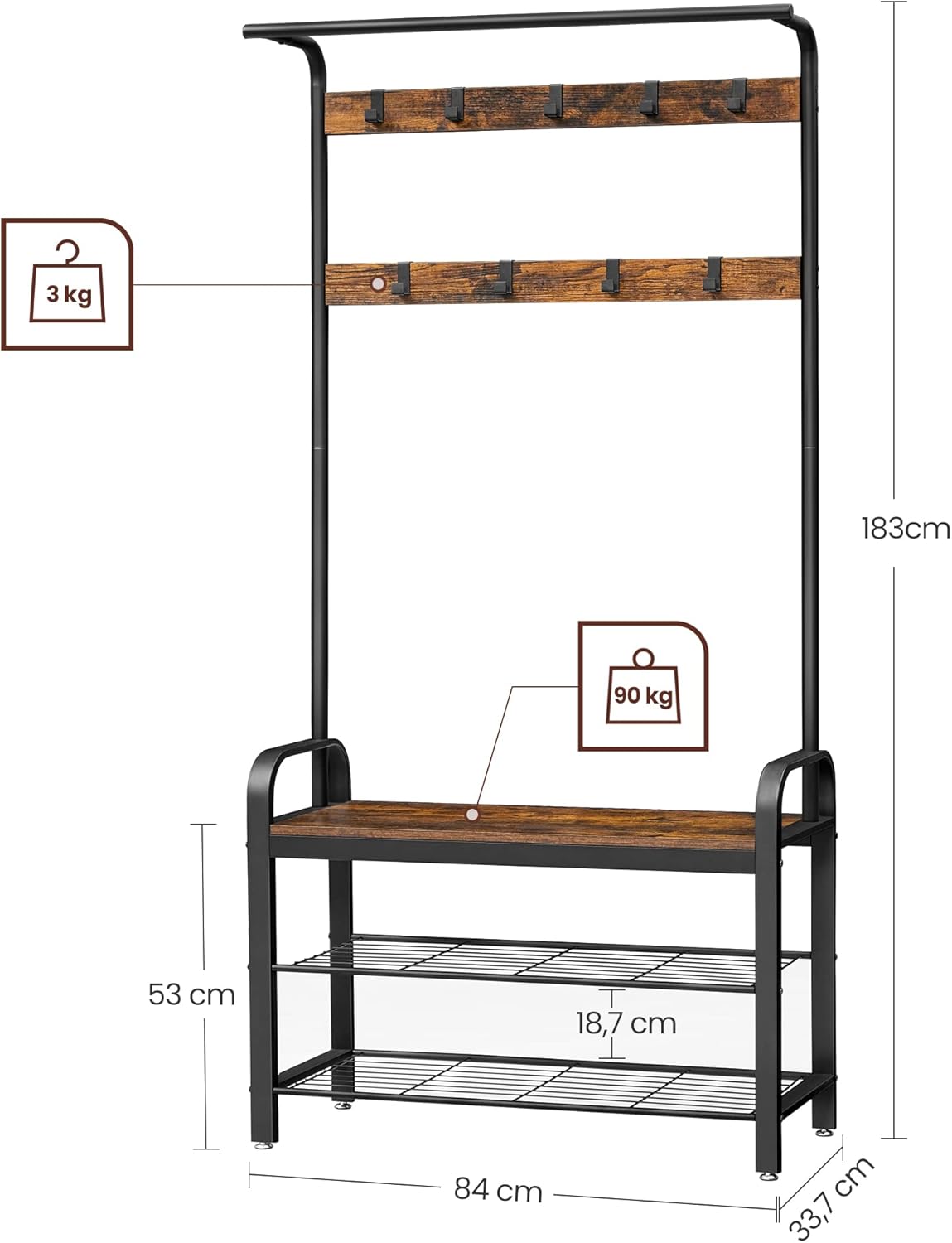 VASAGLE Cuier pentru hol cu banca si suport pantofi, stil industrial, 84x34x183 cm, maro rustic
