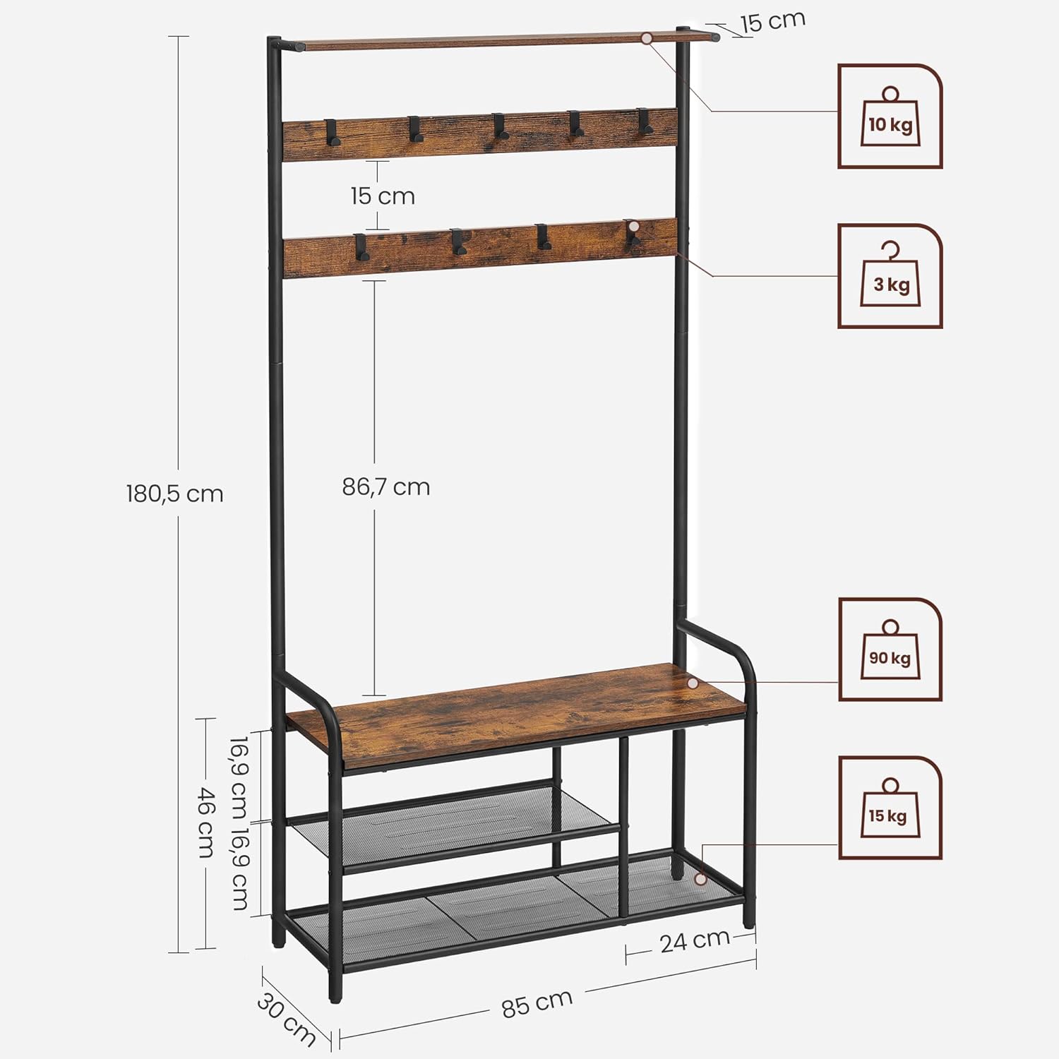 VASAGLE Cuier hol cu banca si raft pantofi, 9 carlige, cadru metalic, stil industrial, 85x30x181 cm, maro rustic