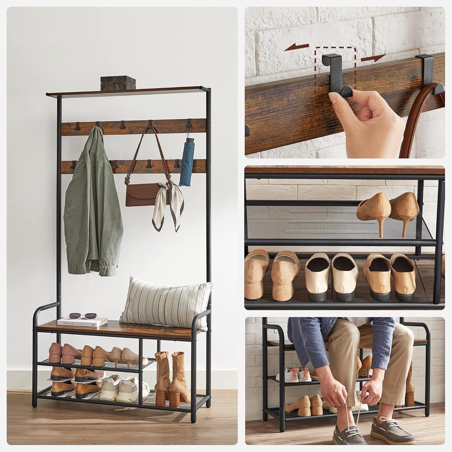 VASAGLE Cuier hol cu banca si raft pantofi, 9 carlige, cadru metalic, stil industrial, 85x30x181 cm, maro rustic