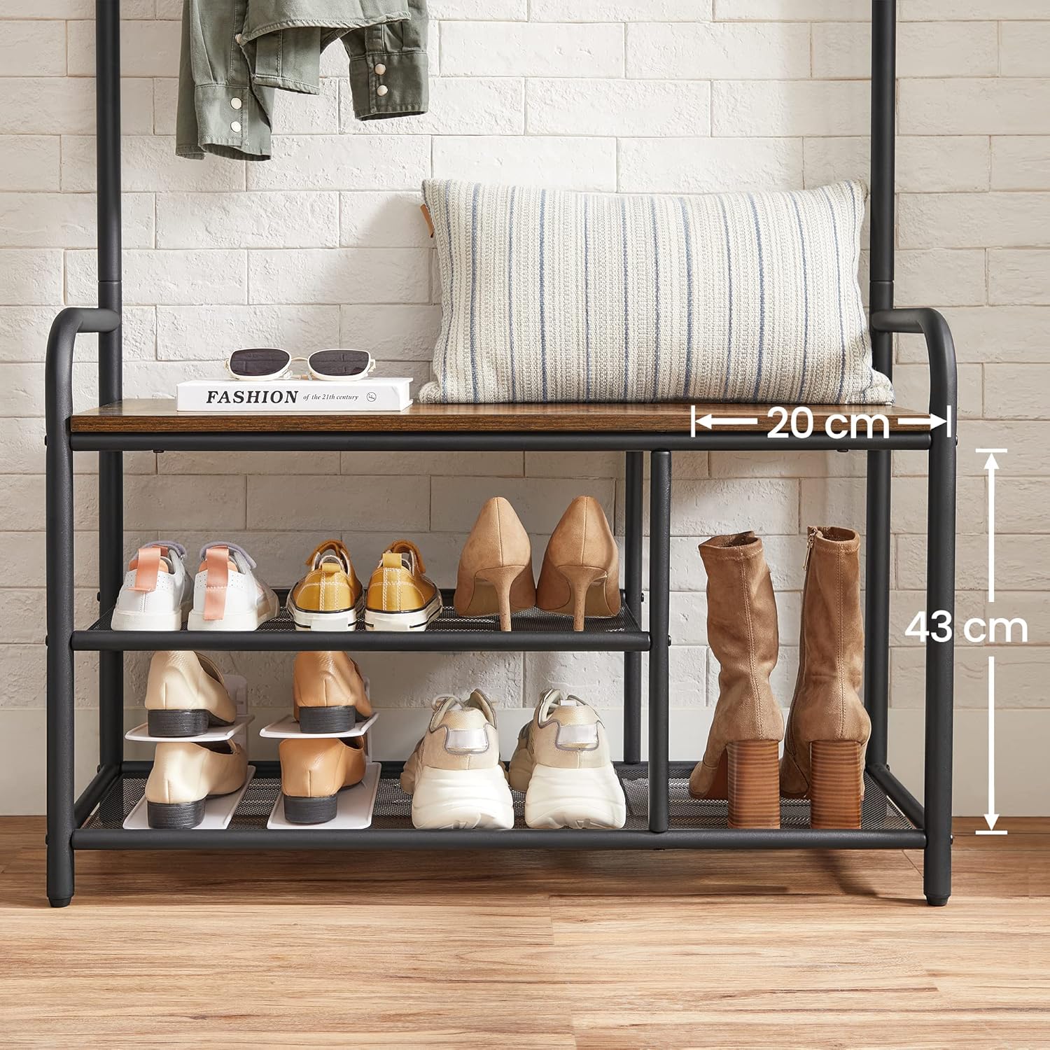 VASAGLE Cuier hol cu banca si raft pantofi, 9 carlige, cadru metalic, stil industrial, 85x30x181 cm, maro rustic