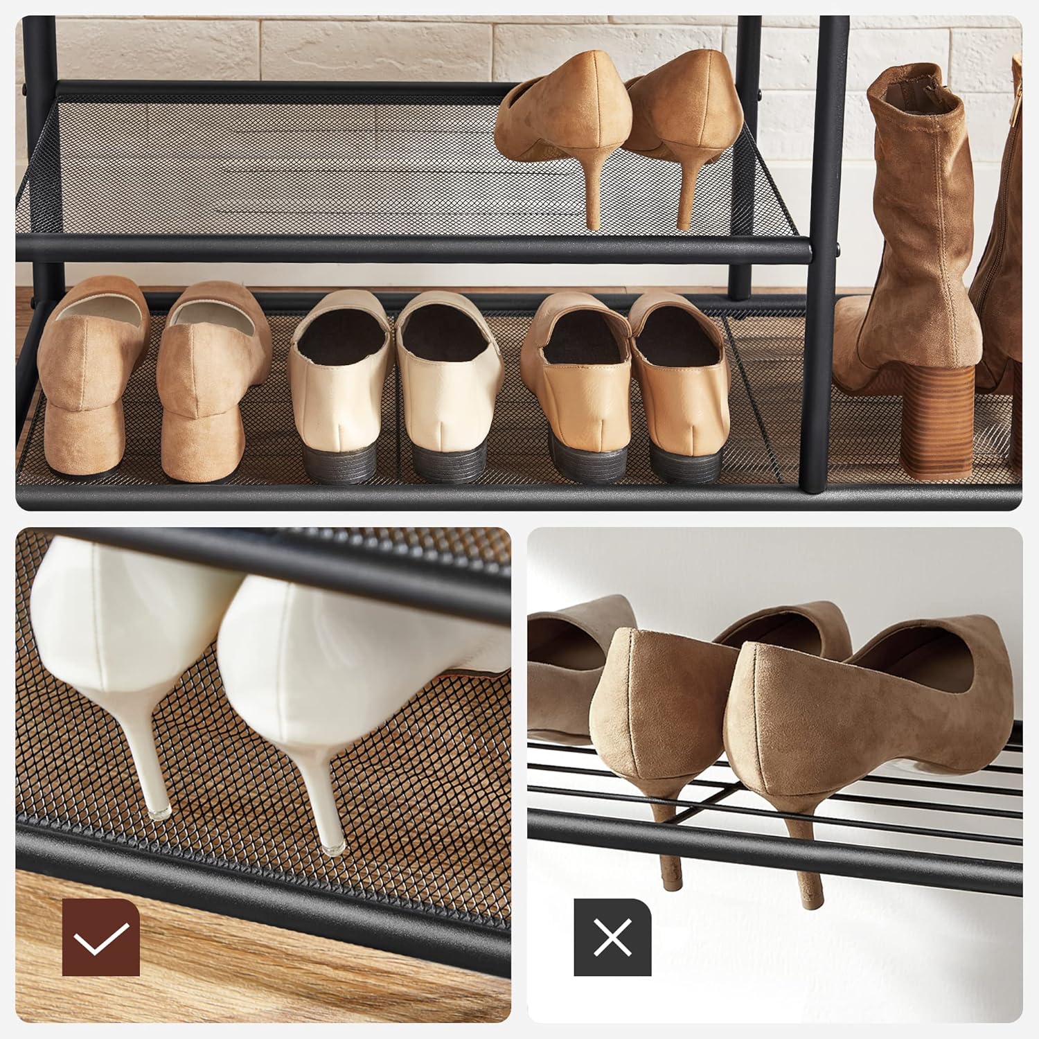 VASAGLE Cuier hol cu banca si raft pantofi, 9 carlige, cadru metalic, stil industrial, 85x30x181 cm, maro rustic