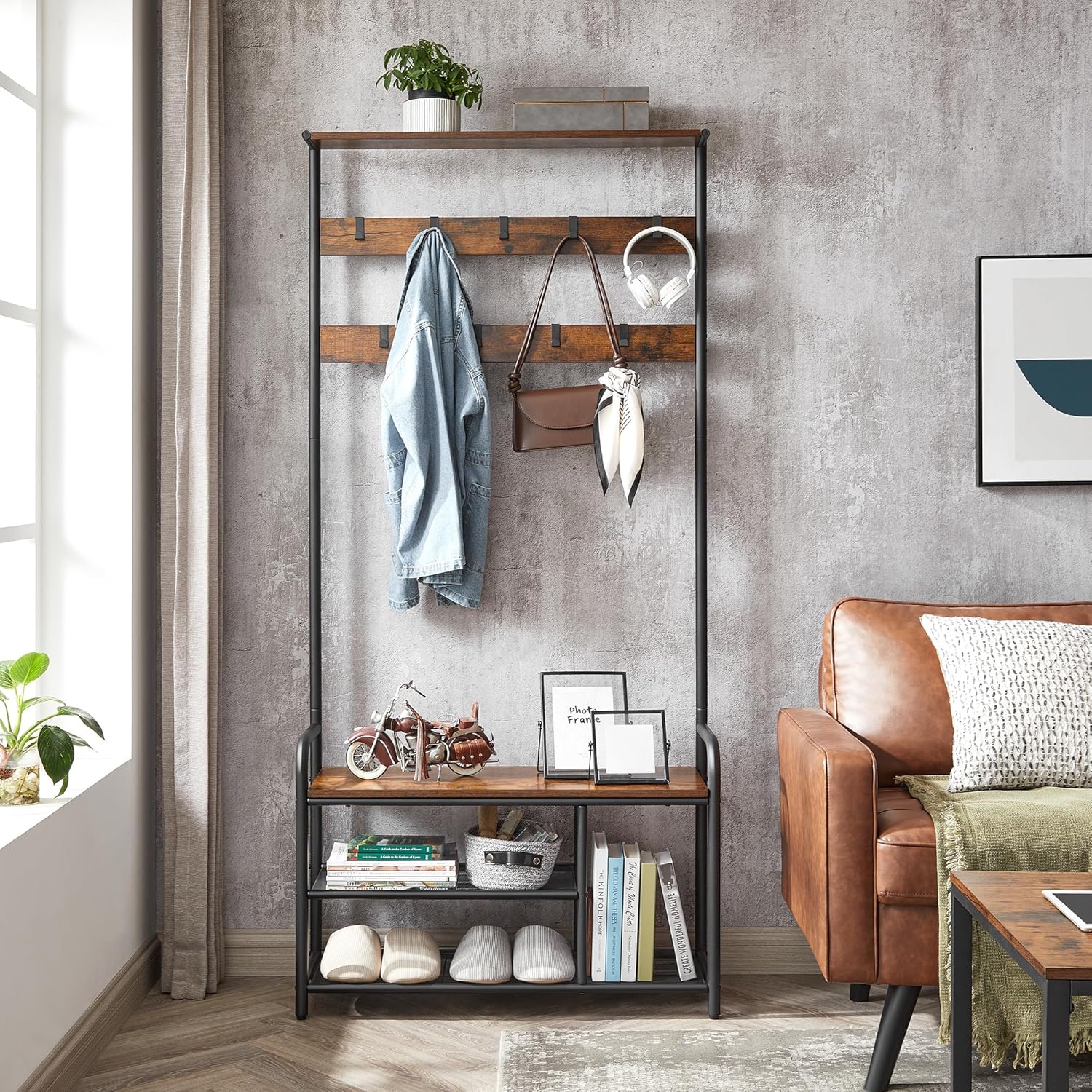 VASAGLE Cuier hol cu banca si raft pantofi, 9 carlige, cadru metalic, stil industrial, 85x30x181 cm, maro rustic