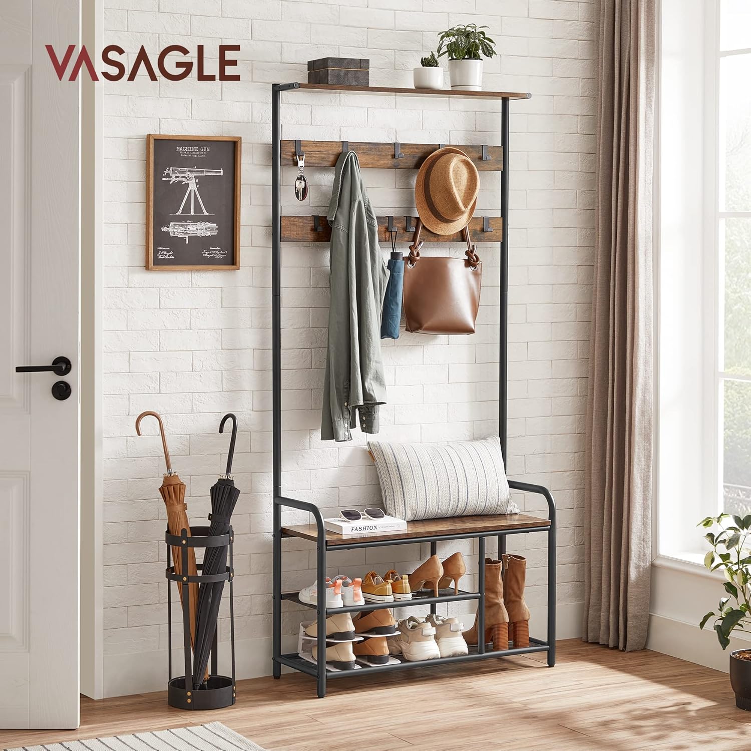 VASAGLE Cuier hol cu banca si raft pantofi, 9 carlige, cadru metalic, stil industrial, 85x30x181 cm, maro rustic