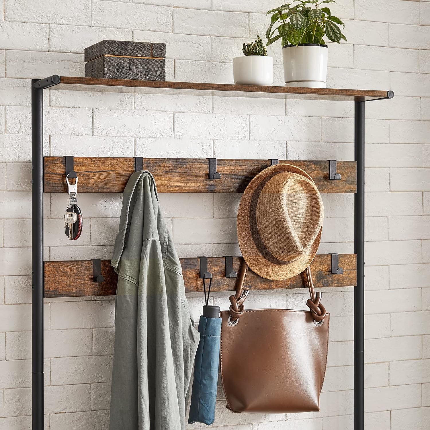 VASAGLE Cuier hol cu banca si raft pantofi, 9 carlige, cadru metalic, stil industrial, 85x30x181 cm, maro rustic