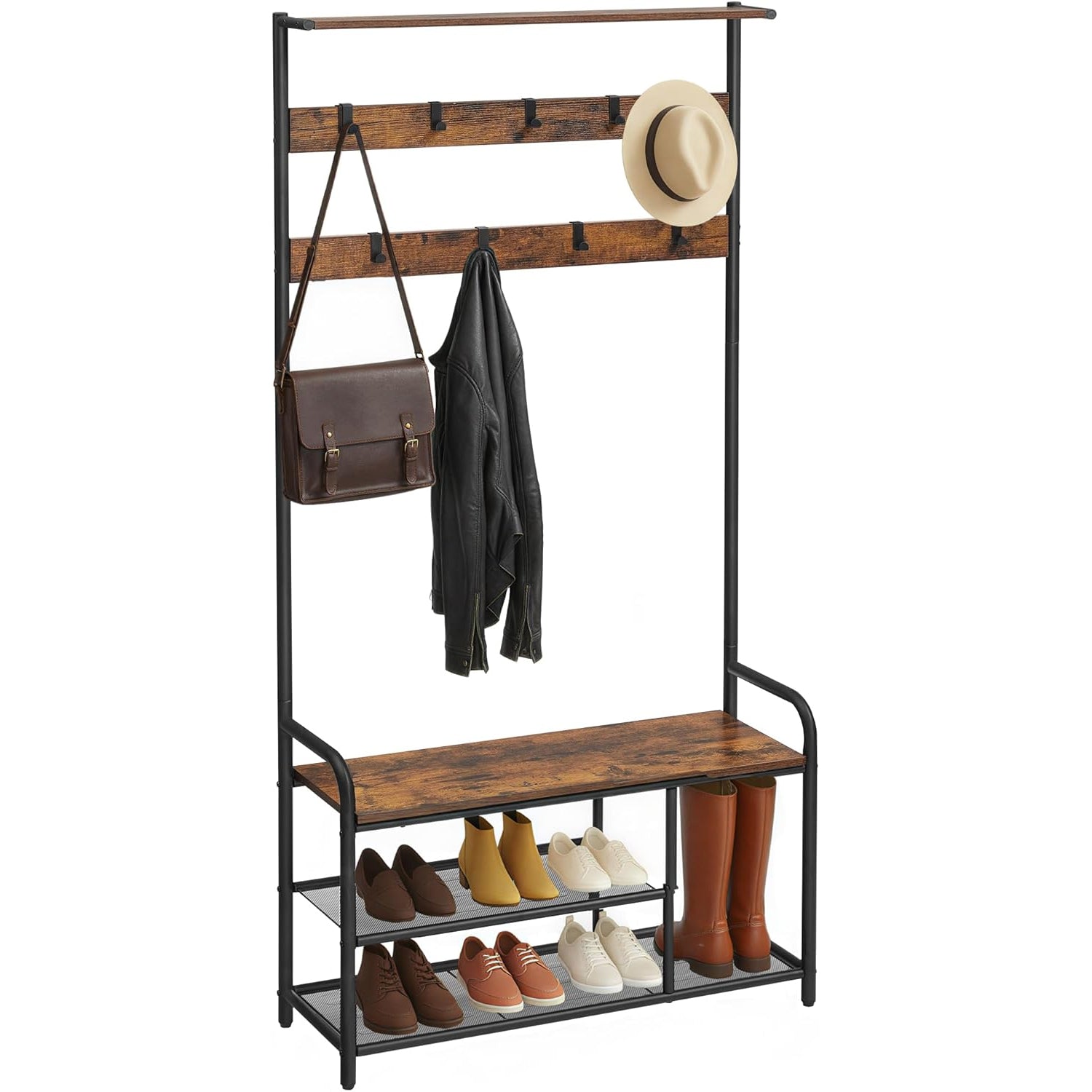 VASAGLE Cuier hol cu banca si raft pantofi, 9 carlige, cadru metalic, stil industrial, 85x30x181 cm, maro rustic