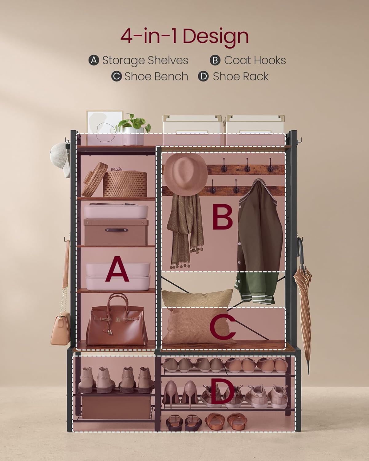 VASAGLE Cuier hol cu banca si raft pantofi, 9 carlige, design industrial, 120x40x190 cm, maro rustic