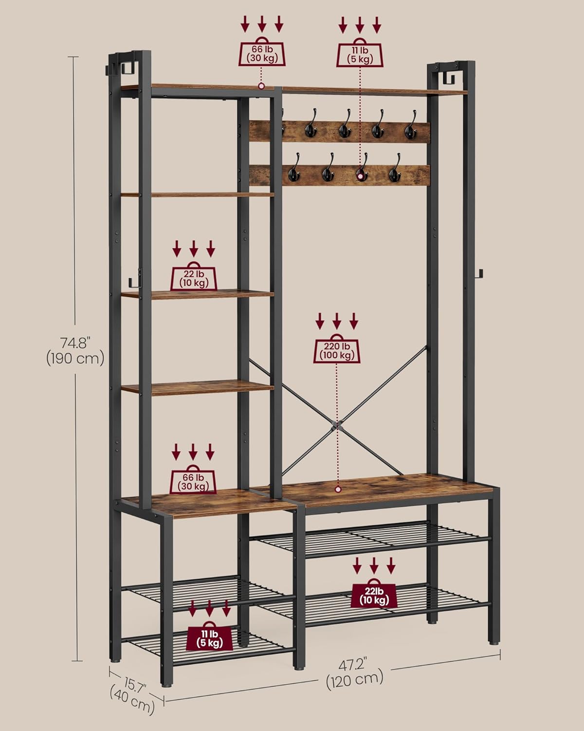 VASAGLE Cuier hol cu banca si raft pantofi, 9 carlige, design industrial, 120x40x190 cm, maro rustic