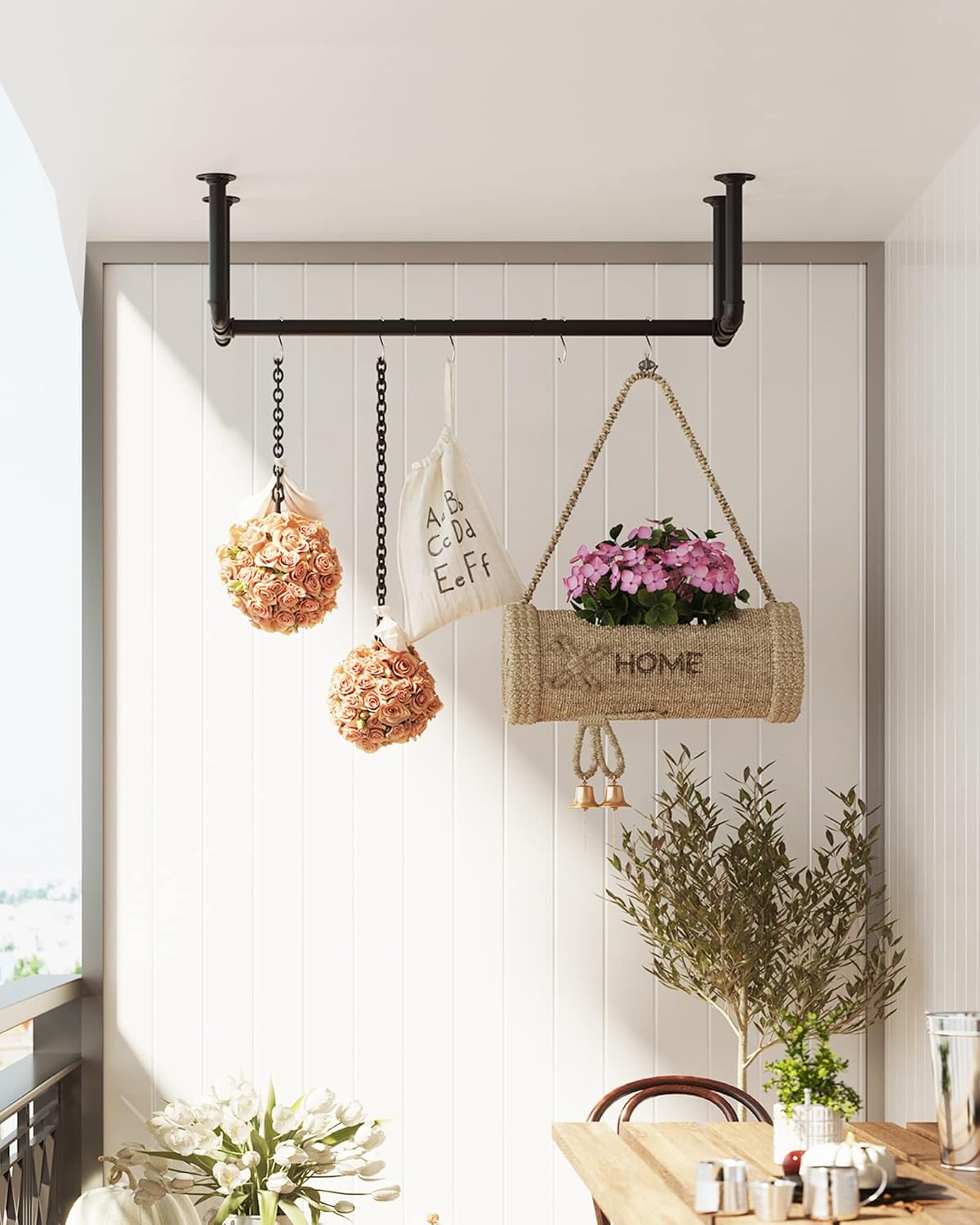 SONGMICS Sina metalica de agatat haine, montare pe perete, aspect industrial, 112x30x30cm, negru - 6