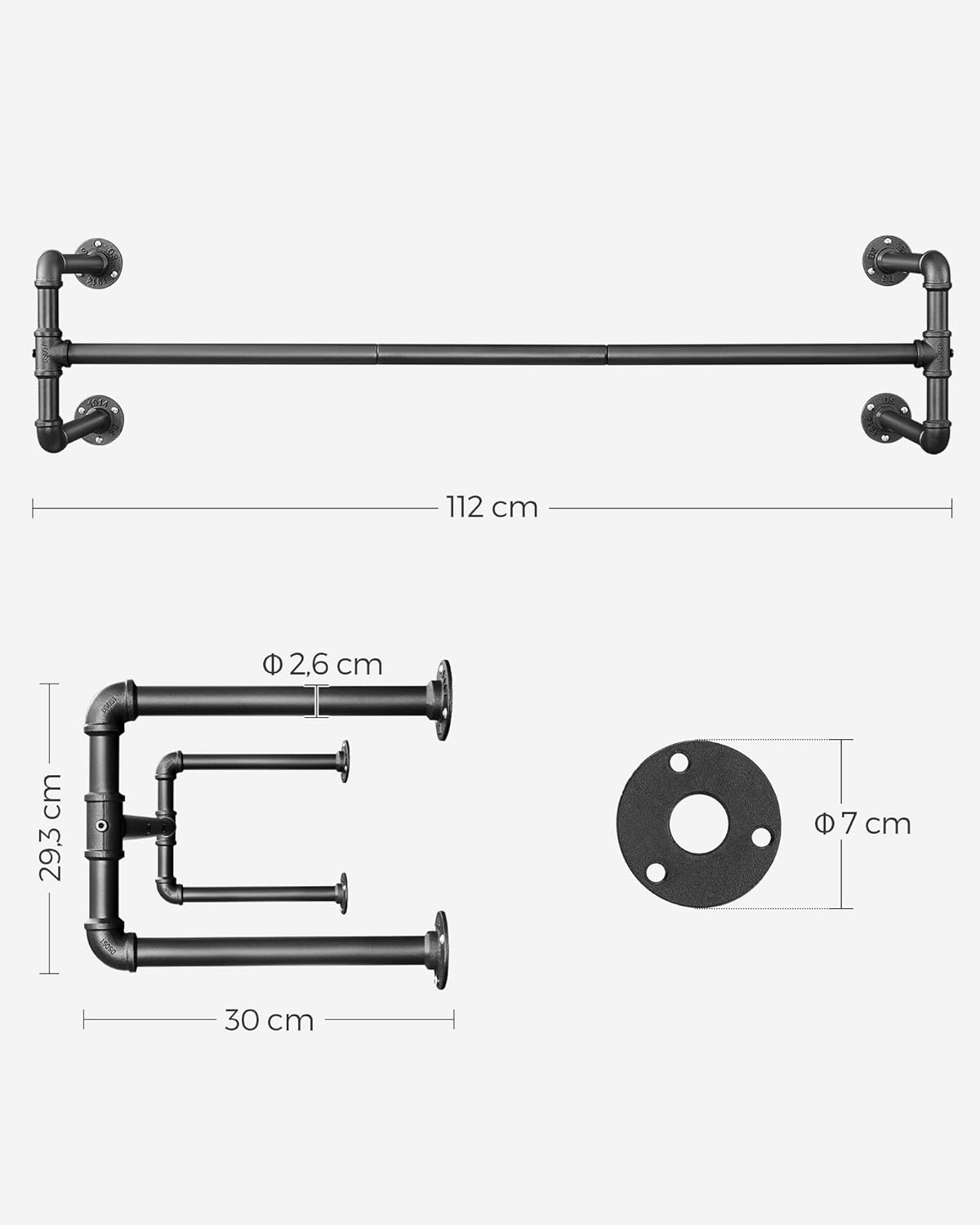 SONGMICS Sina metalica de agatat haine, montare pe perete, aspect industrial, 112x30x30cm, negru - 8