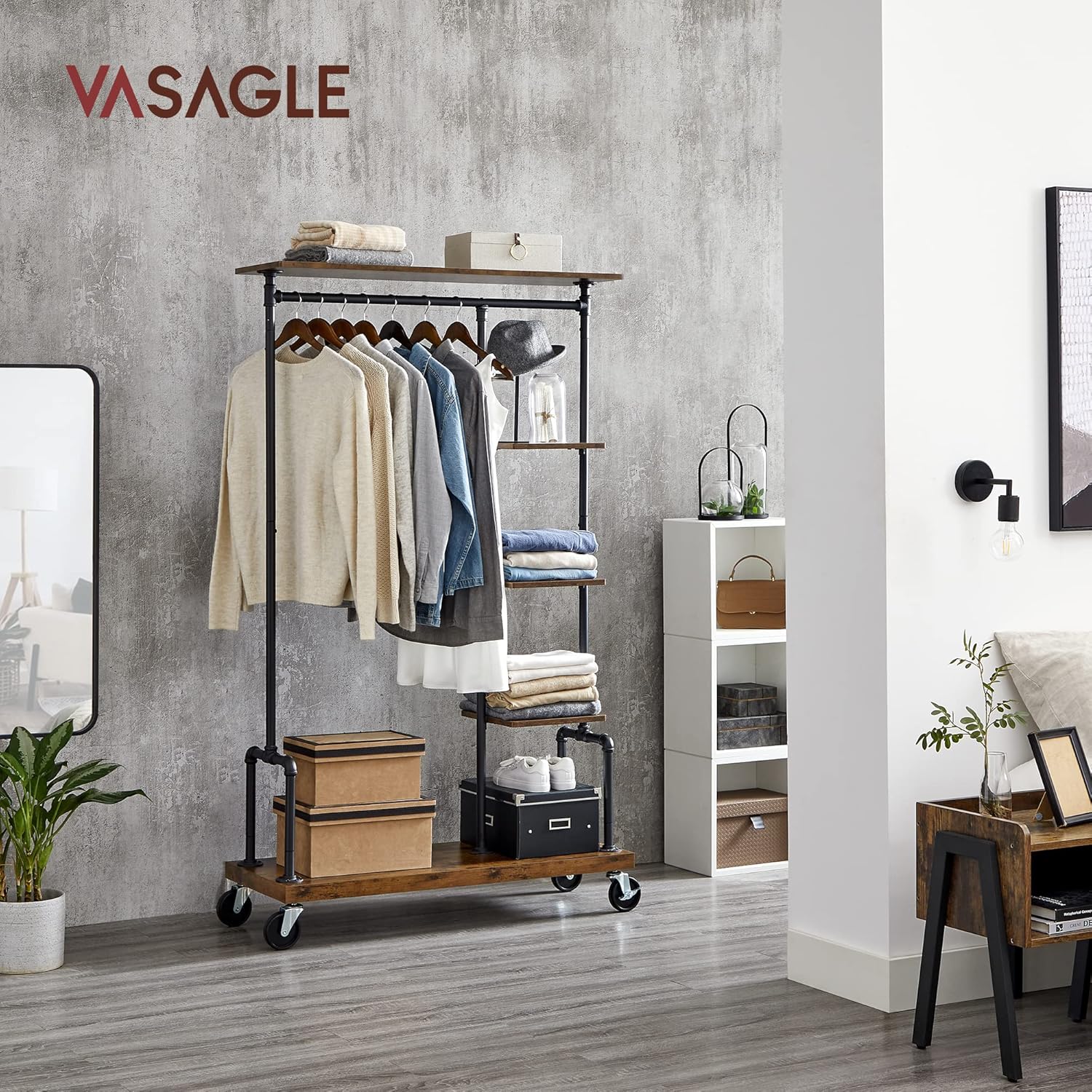 VASAGLE Suport haine cu roti, 5 rafturi, bara metalica pentru umerase, cadru metalic, 104x40x175 cm, maro rustic