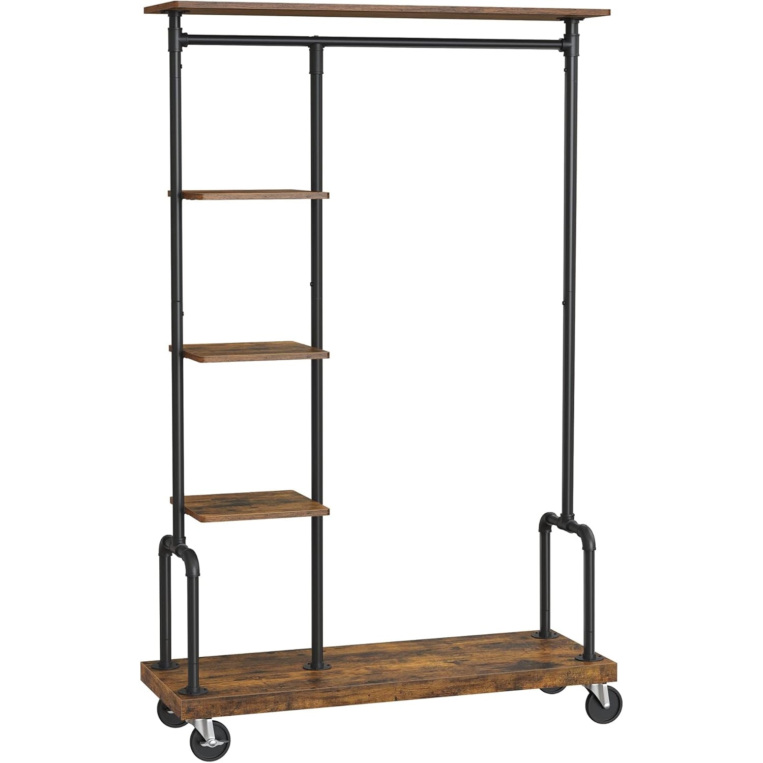 VASAGLE Suport haine cu roti, 5 rafturi, bara metalica pentru umerase, cadru metalic, 104x40x175 cm, maro rustic