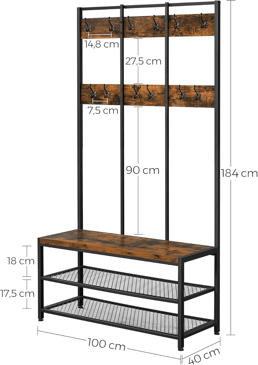 VASAGLE Cuier hol cu 12 carlige si banca pantofi, cadru metalic, stil industrial, 100x40x186 cm, maro rustic
