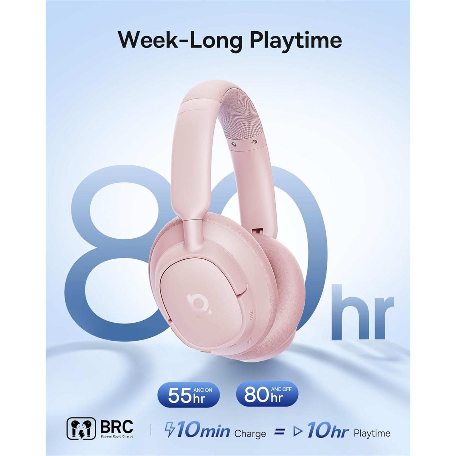 CASTI Baseus Inspire BH1, Wireless Noise Cancelling Headphones OS, pt smartphone, over-ear, sunet Hi-Res, microfon pe casca, conectare prin Bluetooth 5.0, roz "A0203704" (timbru verde 0.18 lei) - 6932172698584