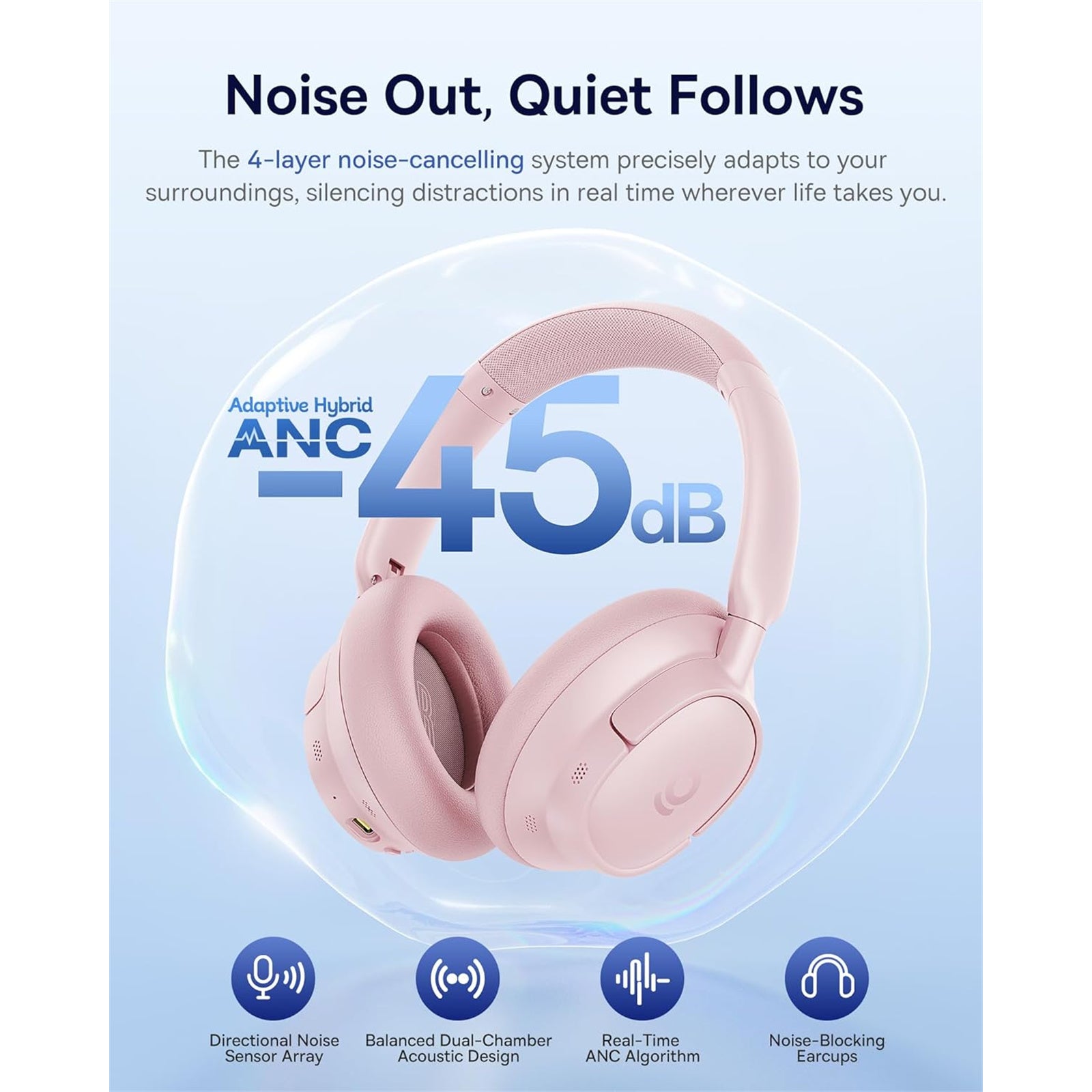 CASTI Baseus Inspire BH1, Wireless Noise Cancelling Headphones OS, pt smartphone, over-ear, sunet Hi-Res, microfon pe casca, conectare prin Bluetooth 5.0, roz "A0203704" (timbru verde 0.18 lei) - 6932172698584