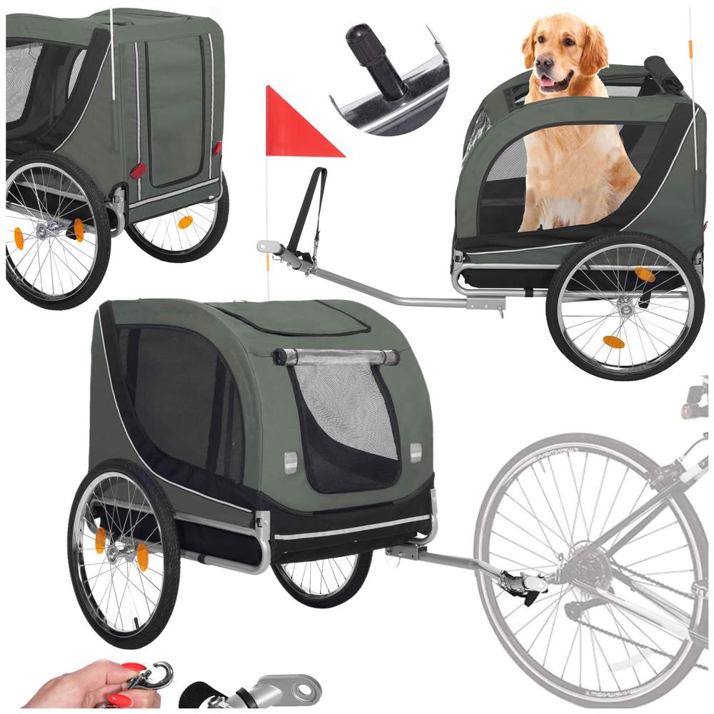 Remorca bicicleta pentru transport animale, cu acoperis impermeabil, maxim 40 kg, verde si negru