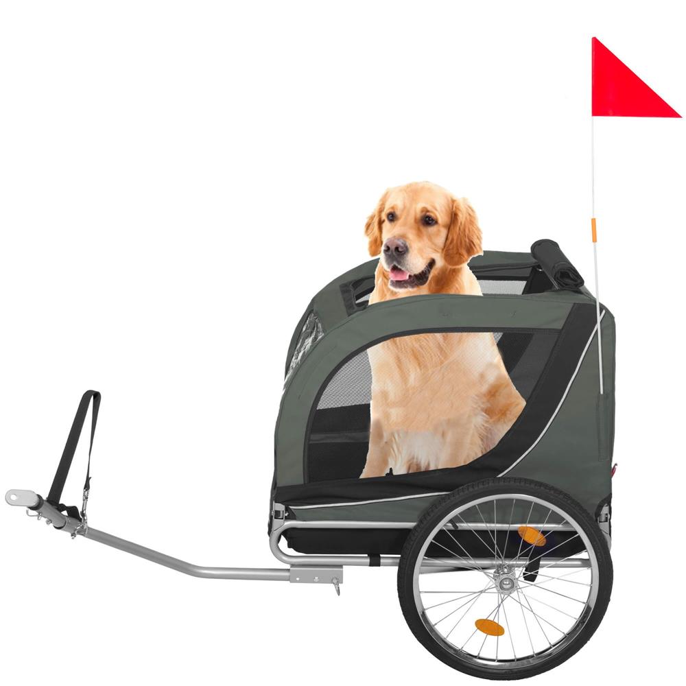 Remorca bicicleta pentru transport animale, cu acoperis impermeabil, maxim 40 kg, verde si negru