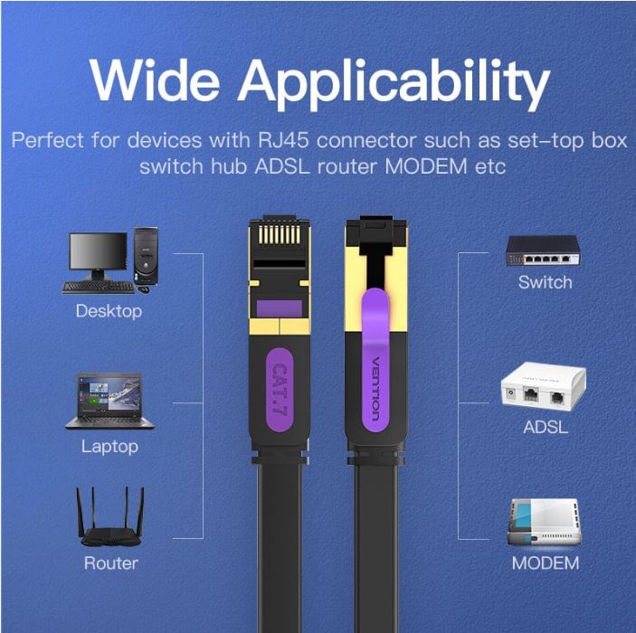 Patch Cord STP Vention, Cat. 7, 20m, flat cable, conductor cupru, viteza max transfer 10 Gbps, invelis PVC, negru, "ICABQ" - 6922794729896