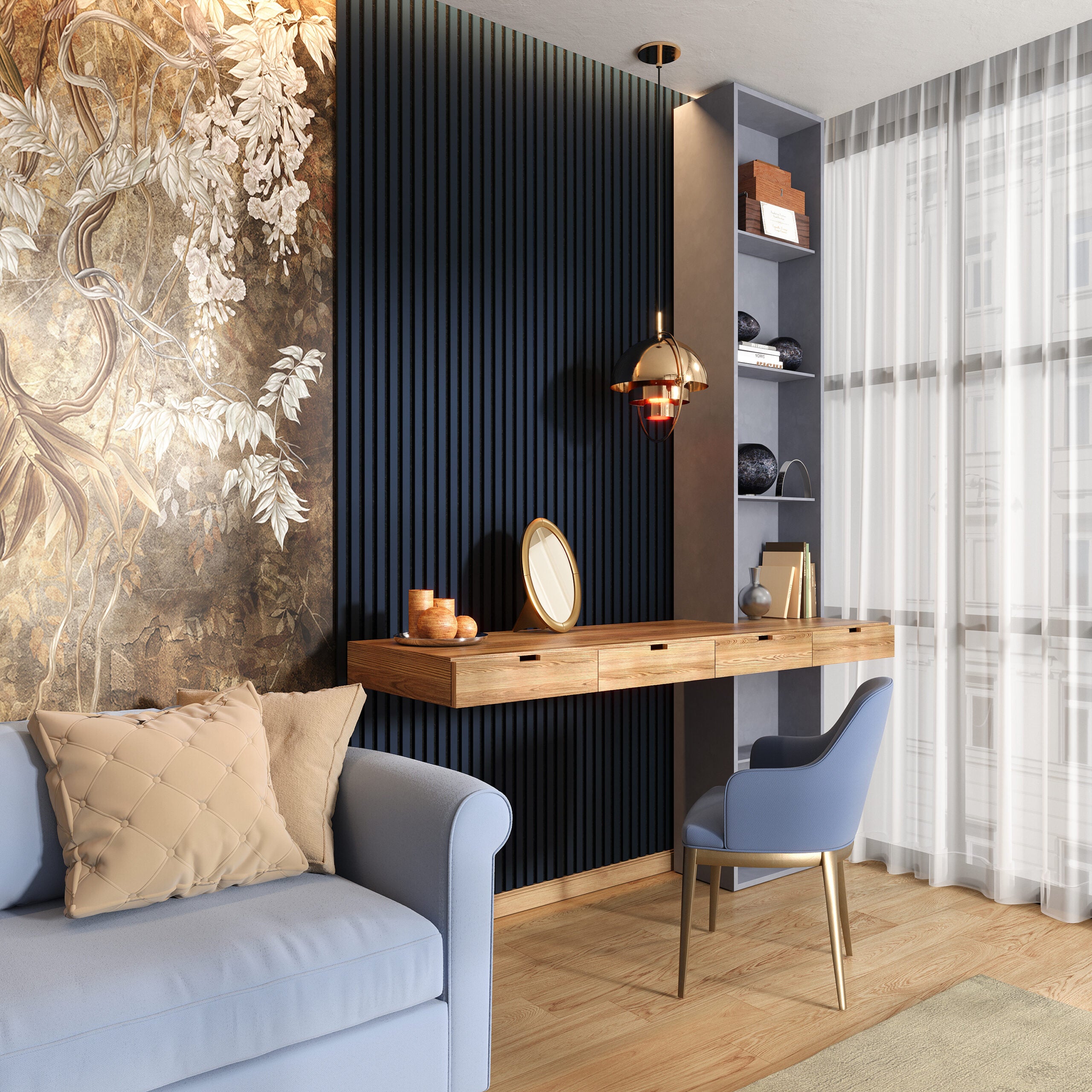 Riflaj MDF decorativ LDA PREMIUM de tip Panou Acustic, Indigo, 260x40 cm