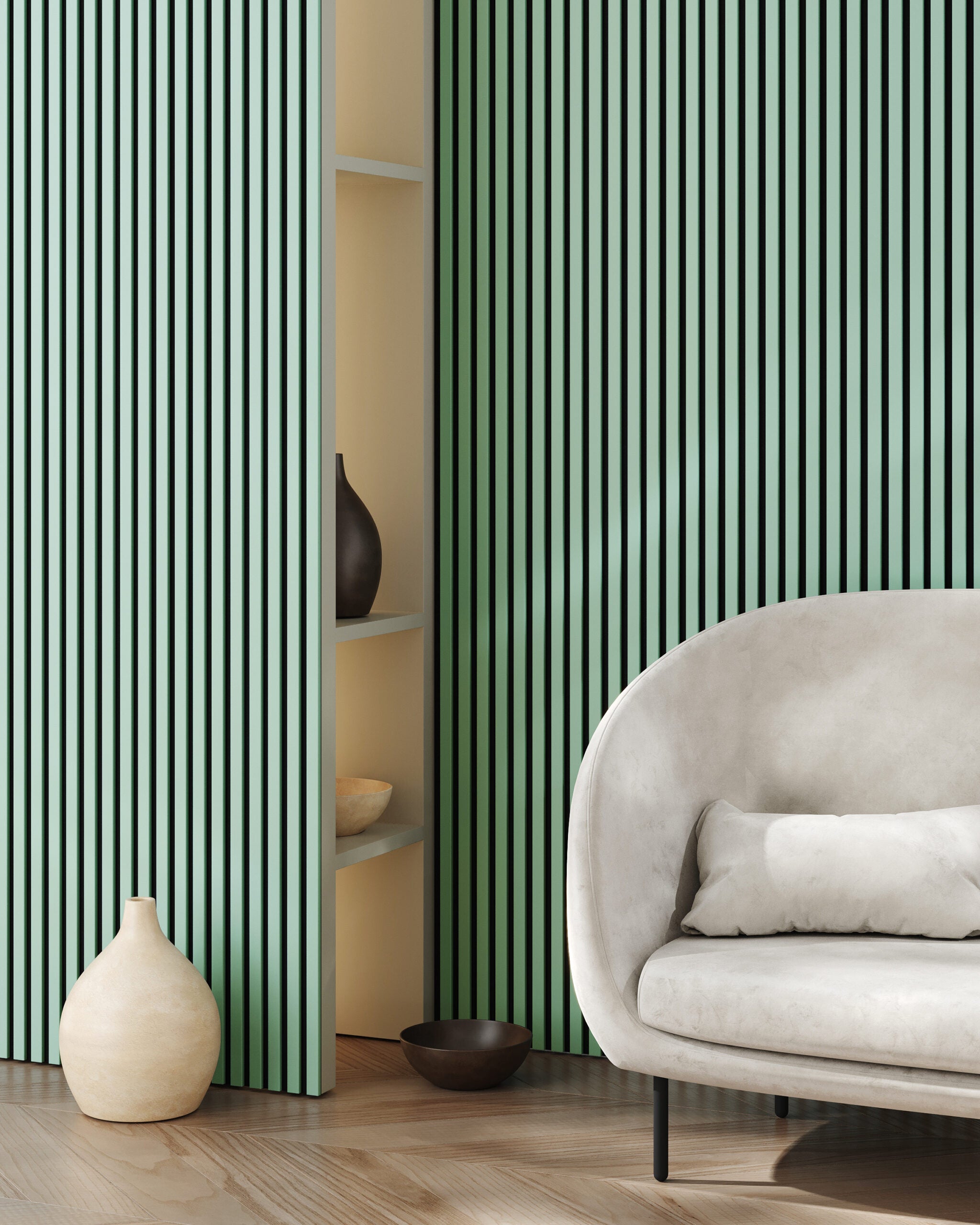 Riflaj MDF decorativ LDA PREMIUM de tip Panou Acustic, Verde Salvie, 260x40 cm