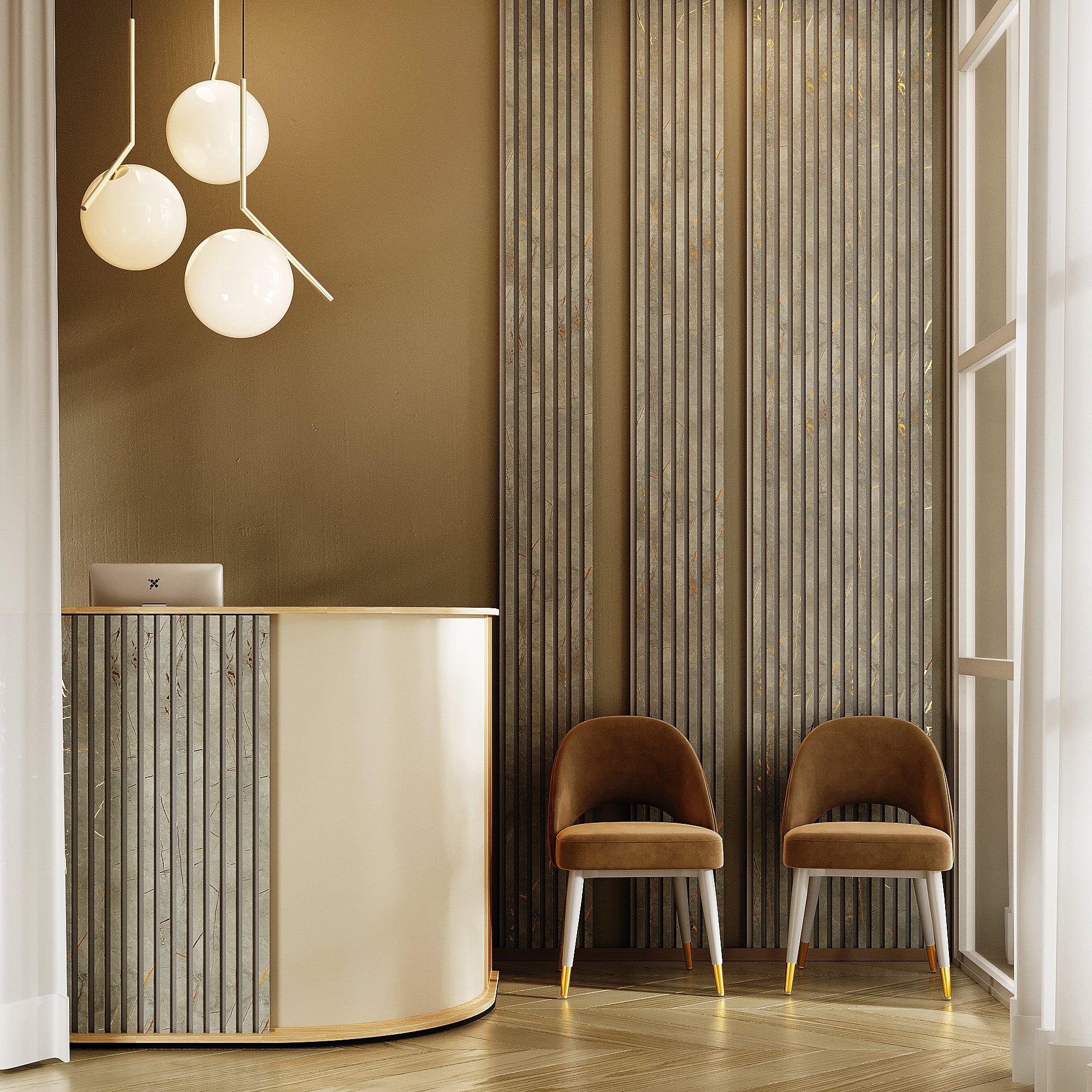 Riflaj MDF decorativ LDA PREMIUM de tip Panou Acustic, Marmura cu insertii aurii, 260x40 cm