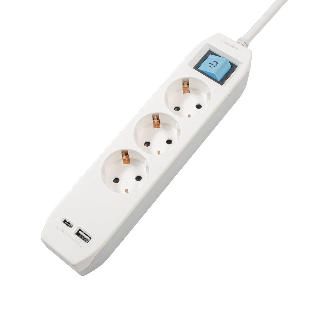 PRELUNGITOR SPACER, Schuko x 3, conectare prin Schuko (T),Type-C x1, USB x 1, 3.1A, cablu 3m, 16 A, max. 3500W, protectie copii, Intrerupator, Gri-Alb, 