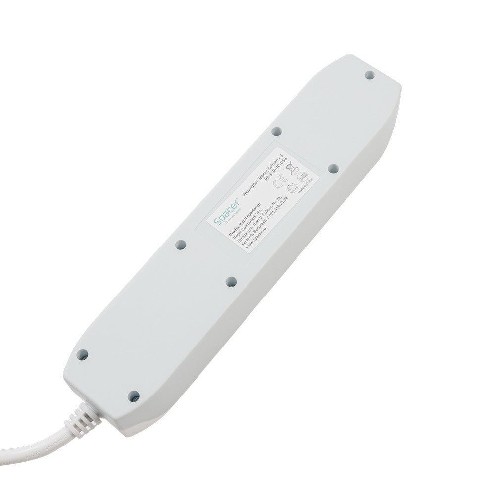 PRELUNGITOR SPACER, Schuko x 3, conectare prin Schuko (T),Type-C x1, USB x 1, 3.1A, cablu 3m, 16 A, max. 3500W, protectie copii, Intrerupator, Gri-Alb, "PP-3-30-TC-USB" 45507256