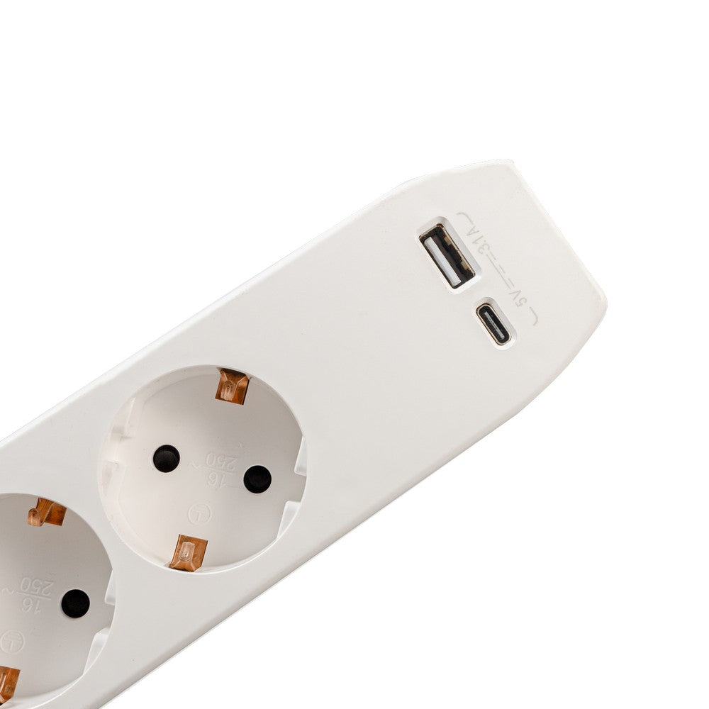 PRELUNGITOR SPACER, Schuko x 3, conectare prin Schuko (T),Type-C x1, USB x 1, 3.1A, cablu 1.8m, 16 A, max. 3500W, protectie copii, Intrerupator, Gri, "PP-3-18-TC-USB"